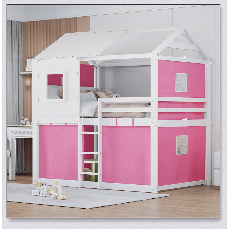 Bunk Wood House Bed With Tent, Lit double, Rose/Blanc