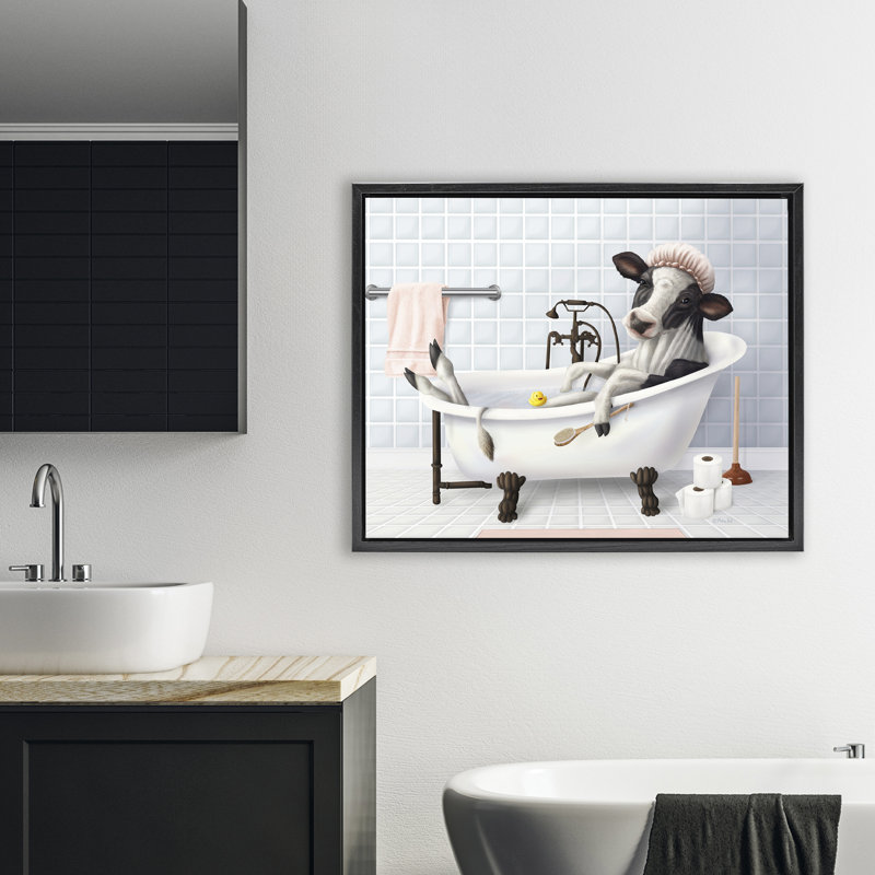 Vache et canard en caoutchouc dans un cadre flottant de bain, design par Mehu Art, H 25 po x l 31 po
