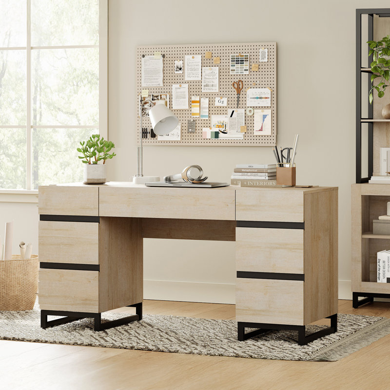 Aadam 59" Modern Executive Desk With Drawers, Wood Computer Writing Desk With Charging Station, Office Desk With File Drawer, Study Table For Bedroom, Living Room, Home Office
