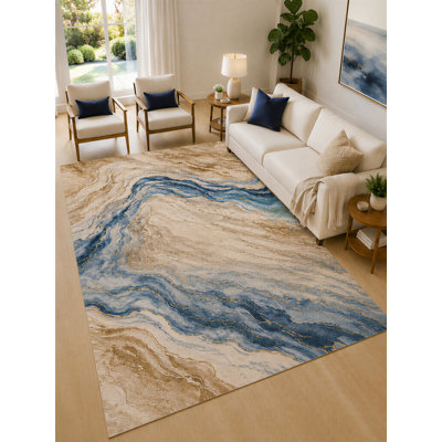 "Ultra Lightweight" Large 6'7" x 9'10" Blue  and  Cream Coastal Flow Area Rug for Living Room, Soft Low Pile Carpet with Non-Slip Silicone Backing, Decor for Bedroom  and  Home Office