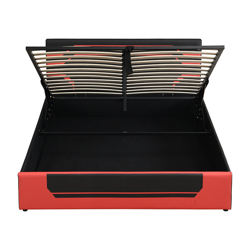 Structure de lit de jeu hydraulique moderne avec grand lit, lit plateforme Esports Cyberpunk avec rangement sous le lit pour les joueurs, noir et rouge