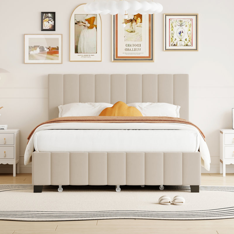 Lit plateforme tapissier avec tiroirs et lit gigogne, Beige
