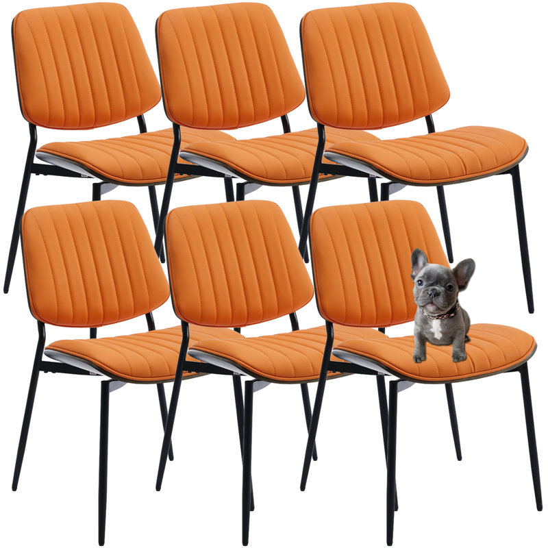 Leather Upholstered Vertical Metal Stripe Dining Chairs (Set of 6), Orange