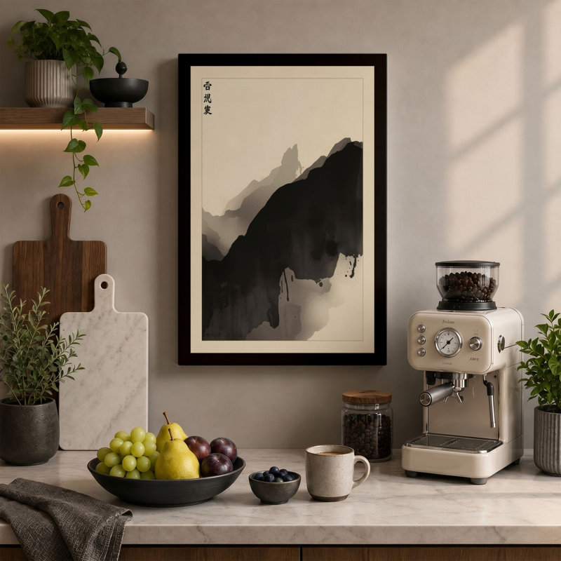 Mountains in Mist Japandi - Wrapped Canvas, 24x16 - 61.0 x 40.6 cm, Ochre Border