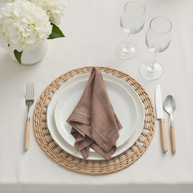 Linen Blend Napkins With Embroidered Boarder, Orange