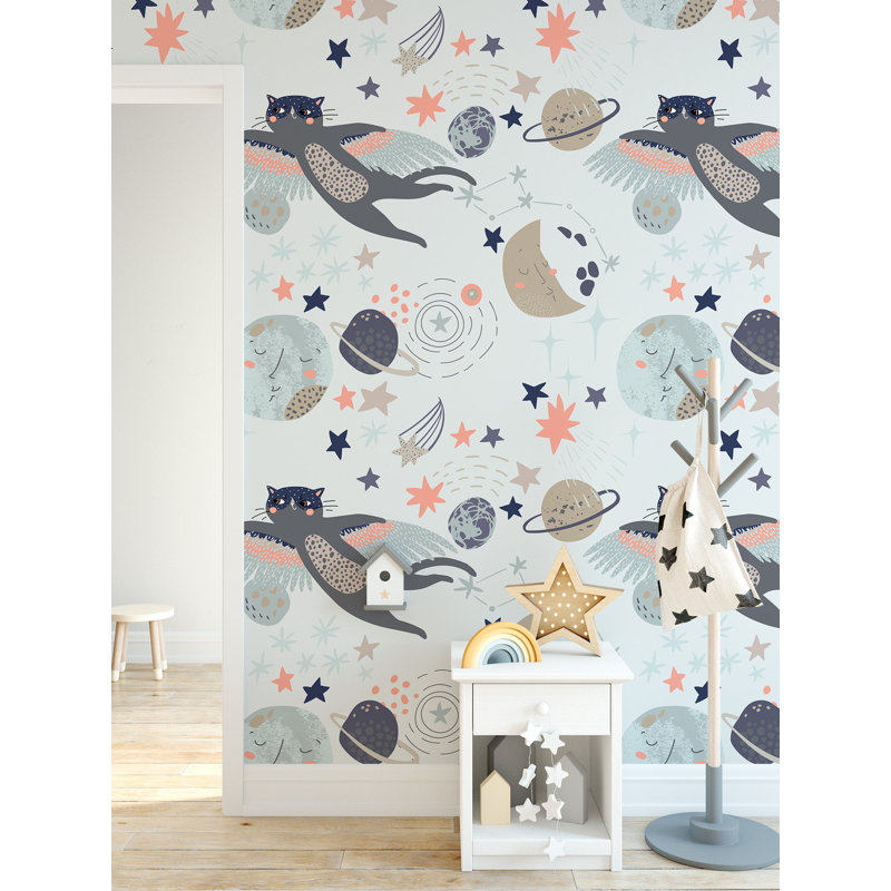 Papier peint amovible Flying Cat Moon and Stars Galaxy, L 35,04 po x l 55 po