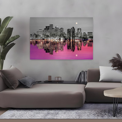 Horizon avec port au premier plan et lune au-dessus de la couleur, Boston, Massachusetts, coloré, abstrait, architecture urbaine contemporaine, art