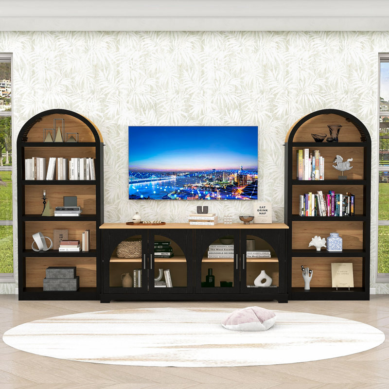 Meuble audio-vidéo en bois avec tablettes réglables et armoires à portes en verre, Noir