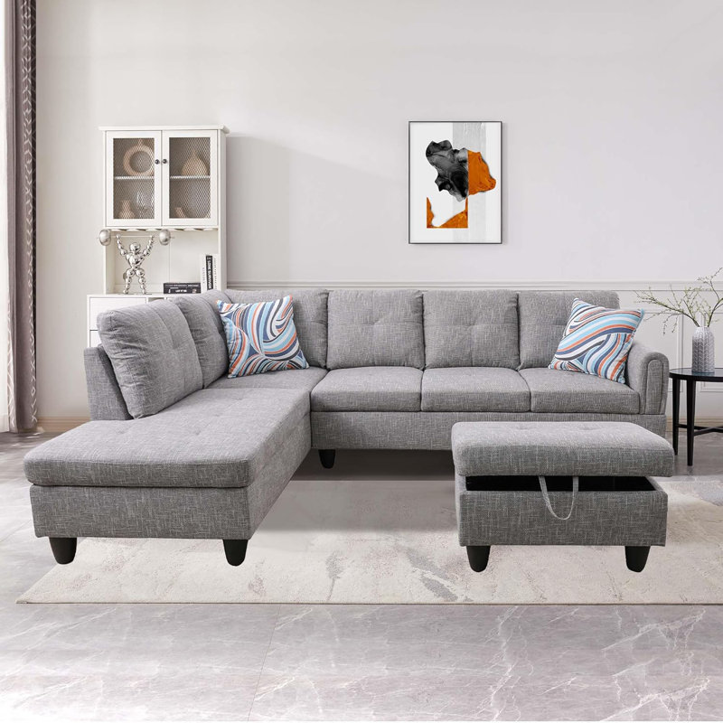 3-Piece Linen Sectional Sofa, Gray, Left Hand Facing