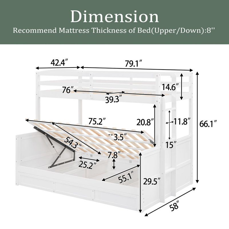 Lit superposé simple au-dessus de double en bois avec rangement relevable hydraulique, blanc