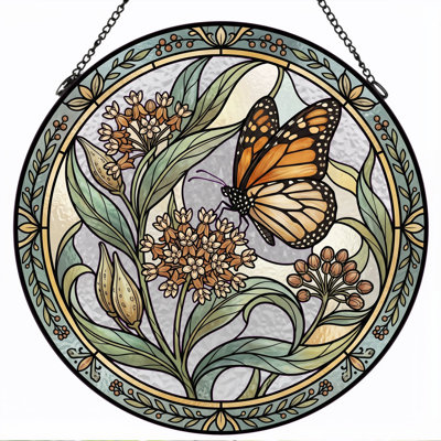 Butterfly Floral Stained Glass Window Panel，12"H