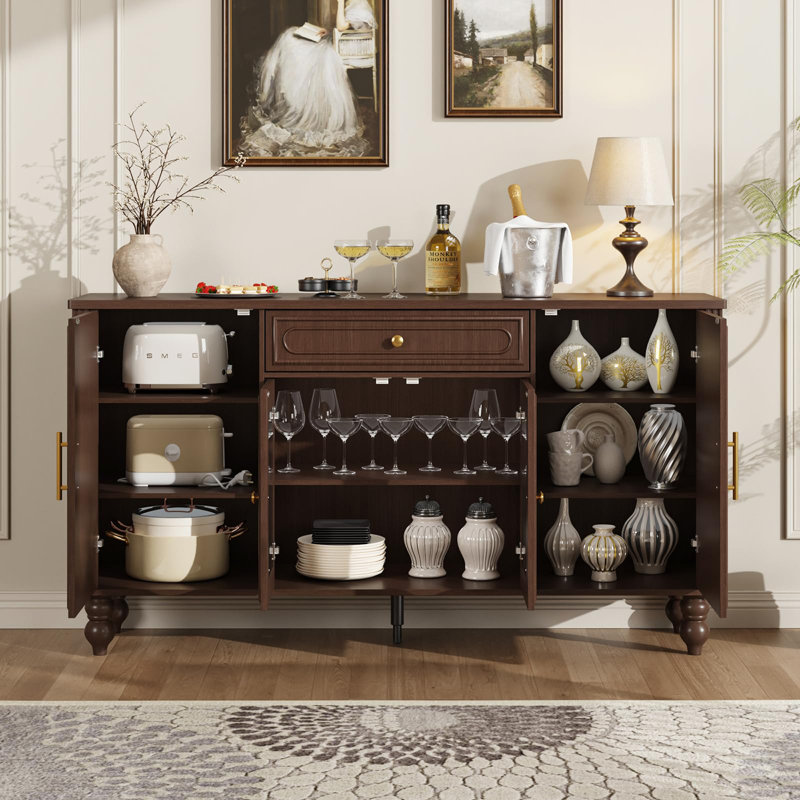 Walnut Sideboard Buffet With Glass Doors And Shelves