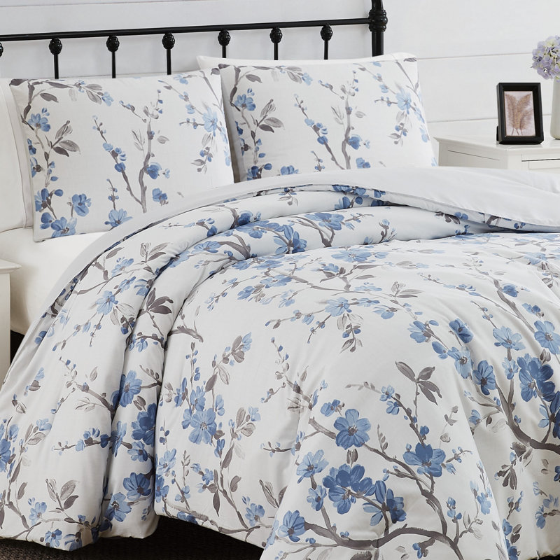 Full White and Blue Microfiber Down Alternative Comforter Set