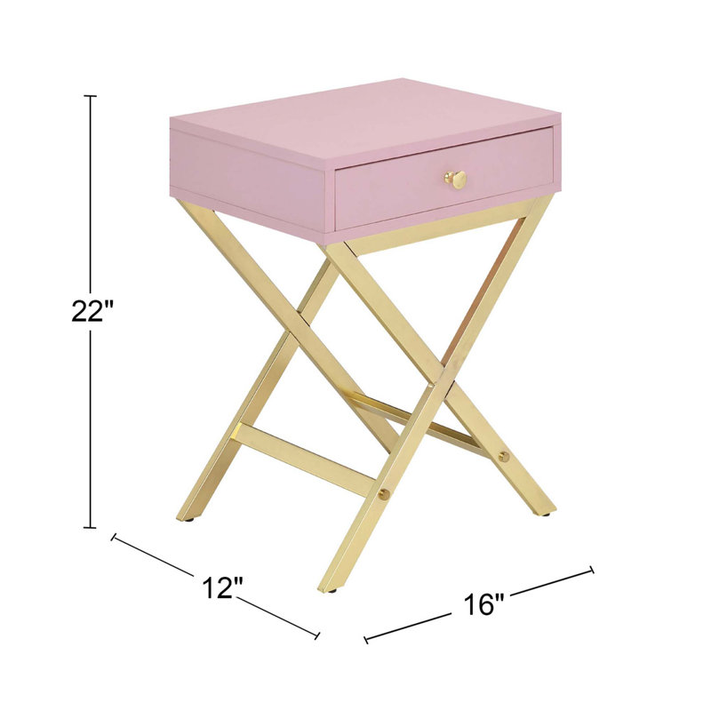 Rectangular Side Table With One Drawer, Pink Top/Gold Base