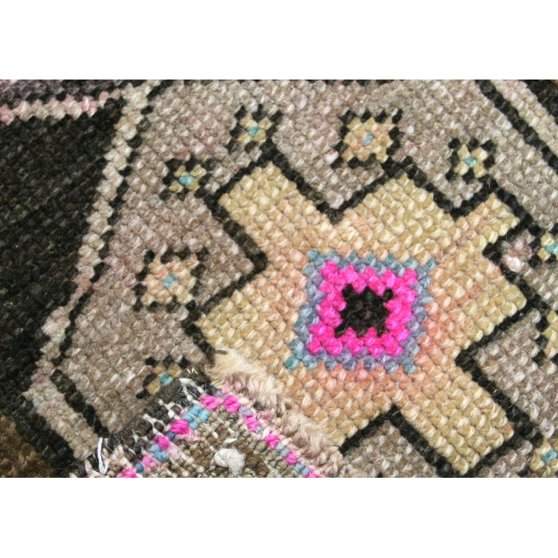 Tapis brun en laine noué à la main de conception unique 1 pi 7 po x 2 pi 11 po années 1960