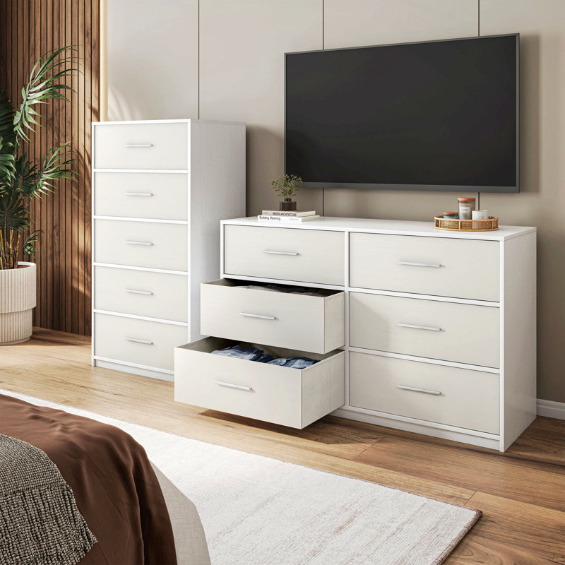 Commode 5 tiroirs avec grands tiroirs en tissu, Blanc
