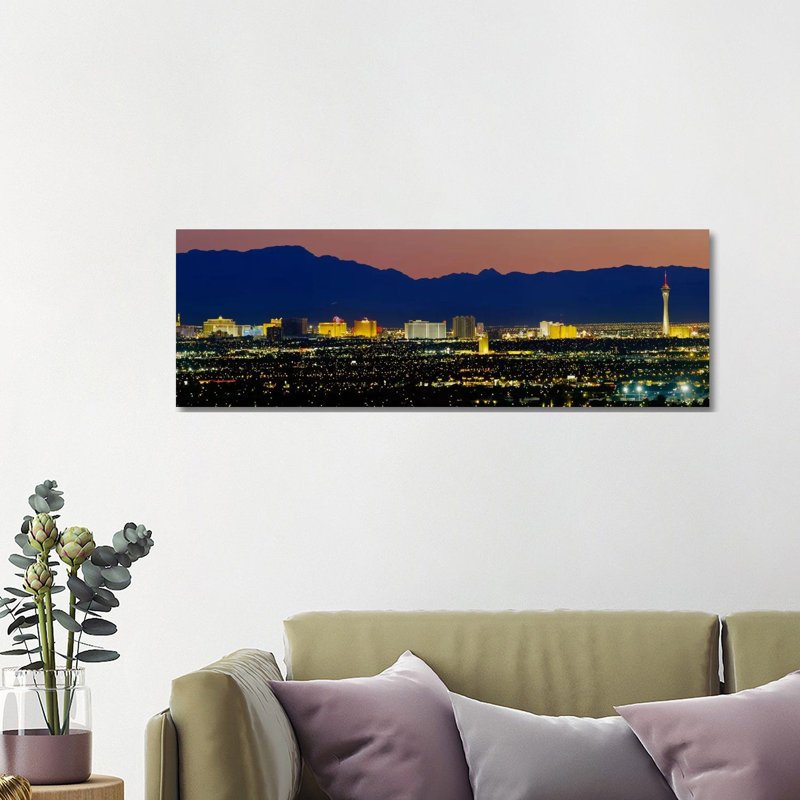 Aerial View Of Buildings Lit Up At Dusk, Las Vegas, Nevada, USA - Wrapped Canvas Panoramic Print