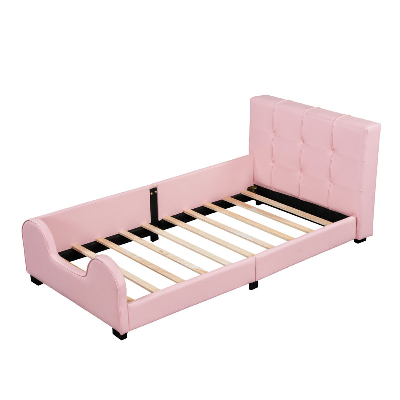 Lit plateforme tapissier simple confortable avec garde-corps en rose - tête de lit à lattes remplie de mousse 10 pièces, sommeil relaxant