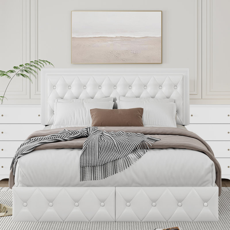 Ensemble de chambre à coucher 3 pièces Lazelle, lit de rangement moderne avec lumières DEL et 2 commodes, cadre de lit plateforme avec tiroirs sous le lit, tête de lit tapissier en polyuréthane, commodes anti-basculement, imperméable et facile à ne