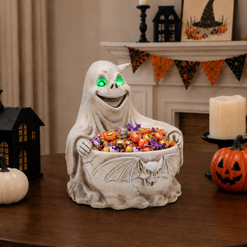 Figurine fantôme d'Halloween pour bol de rangement, 22 cm, résine, 1 pièce, bonbonnière, verte, lumières DEL intégrées