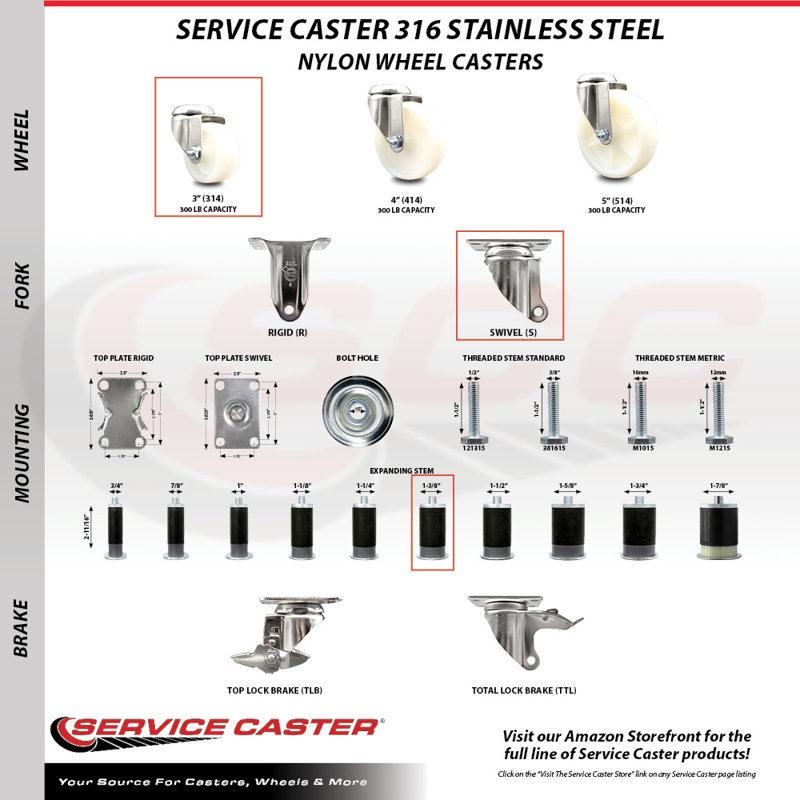 Swivel Stem Caster, 3" H x 3" W