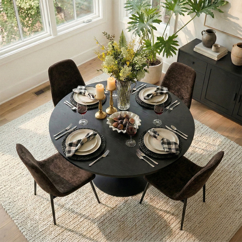 Ensemble de table de salle à manger pour 4 personnes avec table ronde et 4 chaises rembourrées en chenille, Brun