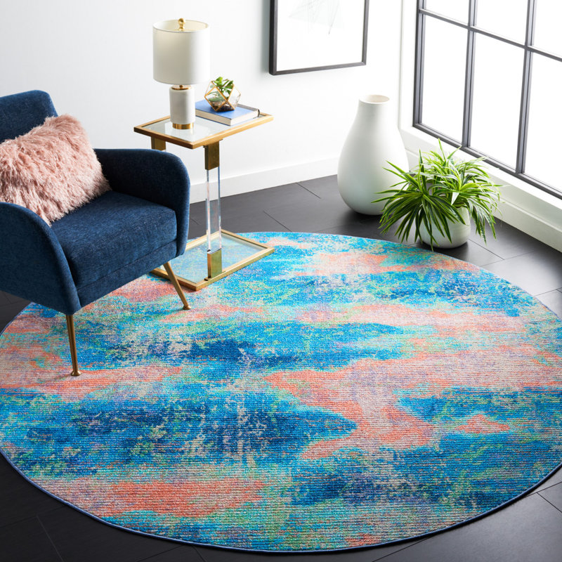 Tapis abstrait bleu, Rond 6 pi 7 po