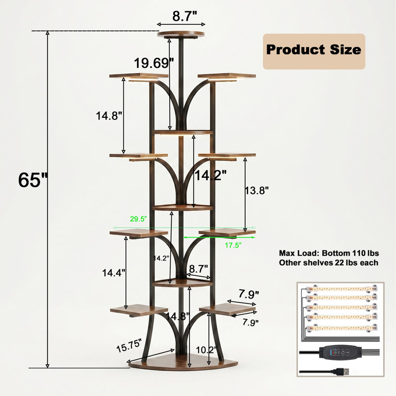 65" Tiered Plant Stand with Grow Lights