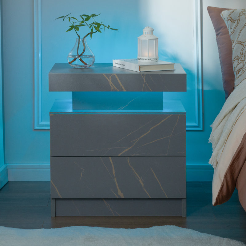 LED Nightstand with 2 Drawers, Grey
