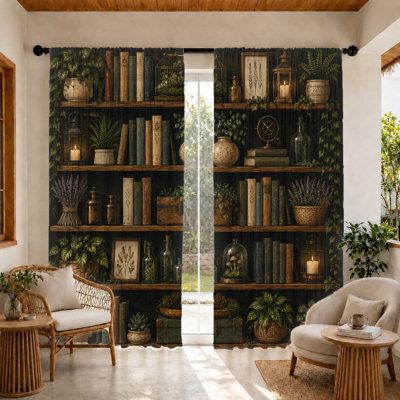 2Pcs Vintage Bookshelf Curtains, Light Filtering Fabric, Mysterious Botanical Print, Sunshade and Privacy Protection, Rod Pocket Design, for Living Room, Bedroom, Balcony, Kitchen Home Decor