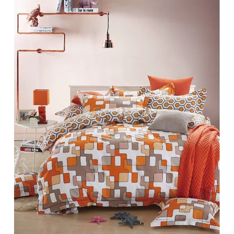 Orange and Taupe Geometric Cotton Queen Duvet Cover Set