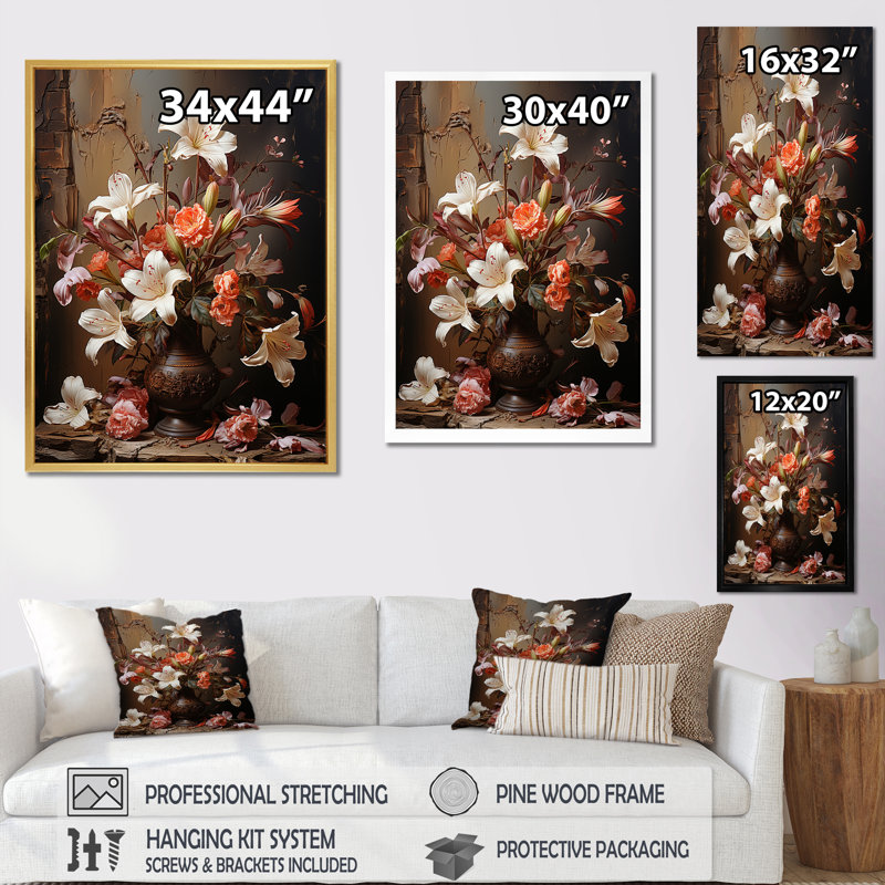 Fleurs brunes rétro nature morte, Cadre doré simple, H 32 po x l 16 po x P 1 po