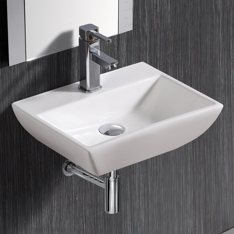 Compact White Ceramic Wall-Mount Rectangular Bathroom Sink