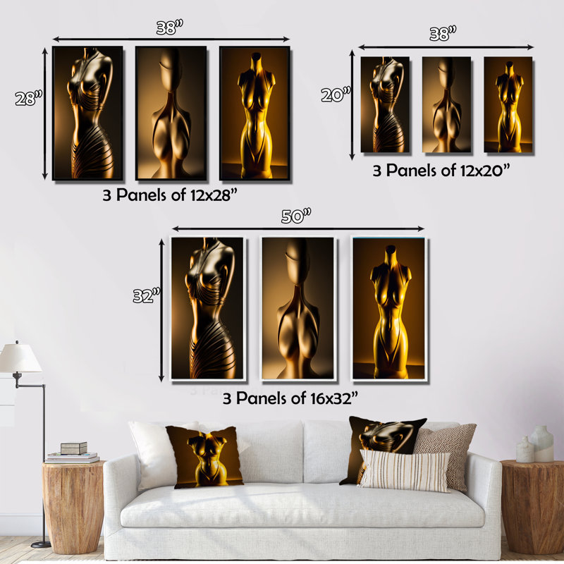 «Stylish Golden Dress Mannequin», 3 pièces, Cadre flottant doré, H 20 po x l 36 po