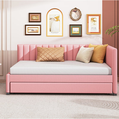 Upholstered Daybed With Trundle Twin Size Sofa Bed Frame No Box Spring Needed, Linen Fabric (Daybed)