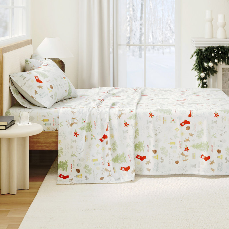 100% Turkish Cotton Flannel Christmas Sheet Sets, Holiday Time, King with 2 Pillowcases