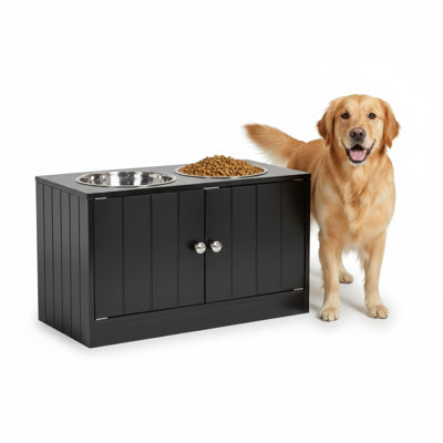 Armoire de rangement pour nourriture pour chien avec fermeture magnétique de la porte, station d'alimentation canine intégrée, finition noire