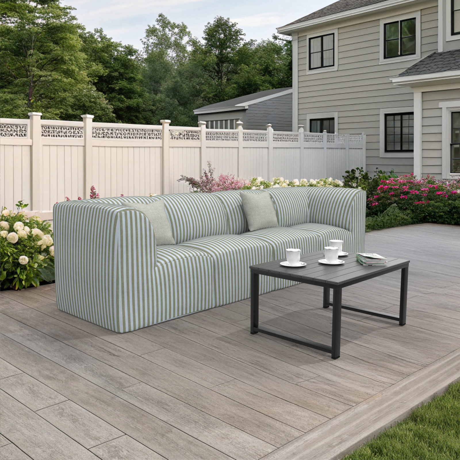 Praia 124" Sunbrella® Modular Outdoor Sofa, Green Striped Sunbrella®
