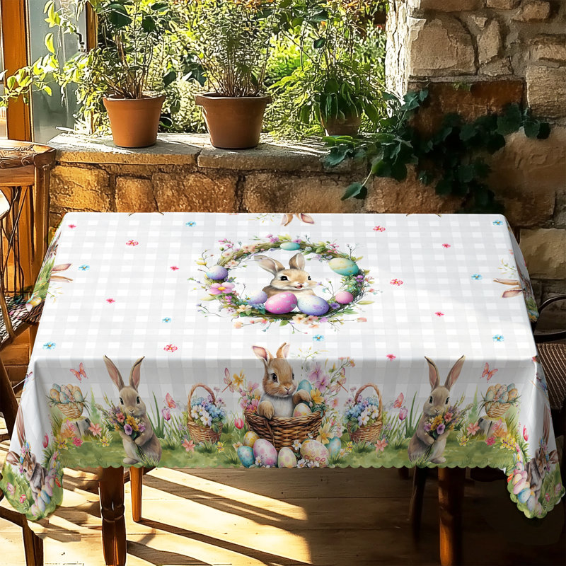 Easter Tablecloth Checkered Basket Rabbit Pattern Rectangular Washable Table Cover Ideal for Indoor Dining and Family Party Decorations
