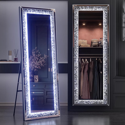 Full-Length Mirror with Lights and Crystal Crush Diamond, Wall Mounted Hanging Diamond Mirror Leaning for Living Room Bedroom