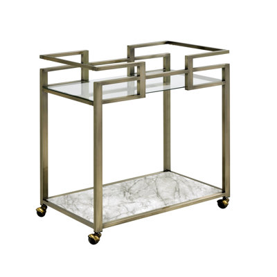 2 Tier Shelf Rectangular Serving Cart With Clear Glass, Faux Marble And Wire Brass Finish, 32 Inches Height Size Measurement