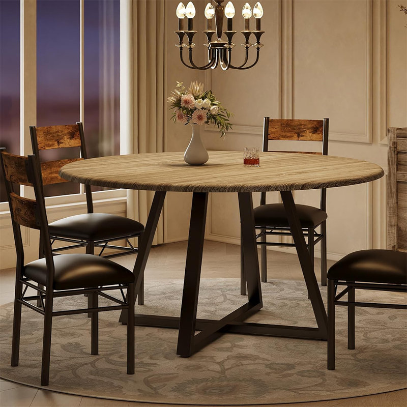 5-Piece 43.31" Round Dining Table Set for 4, Retro Wooden Kitchen Table with 4 Upholstered Chairs