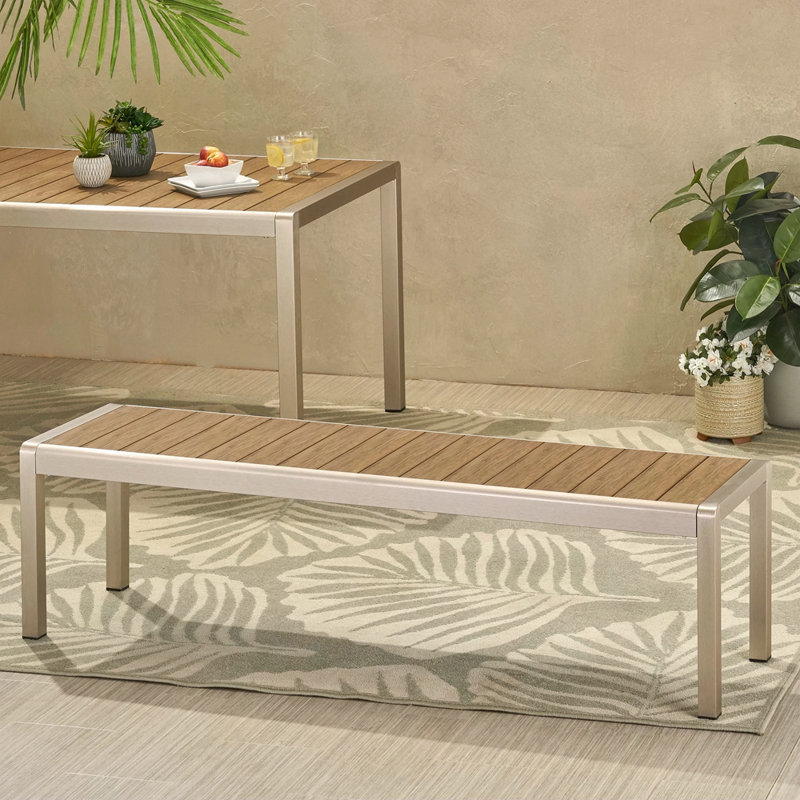 Banc de salle à manger d'extérieur moderne en aluminium avec siège en faux bois, naturel et argent, Naturel