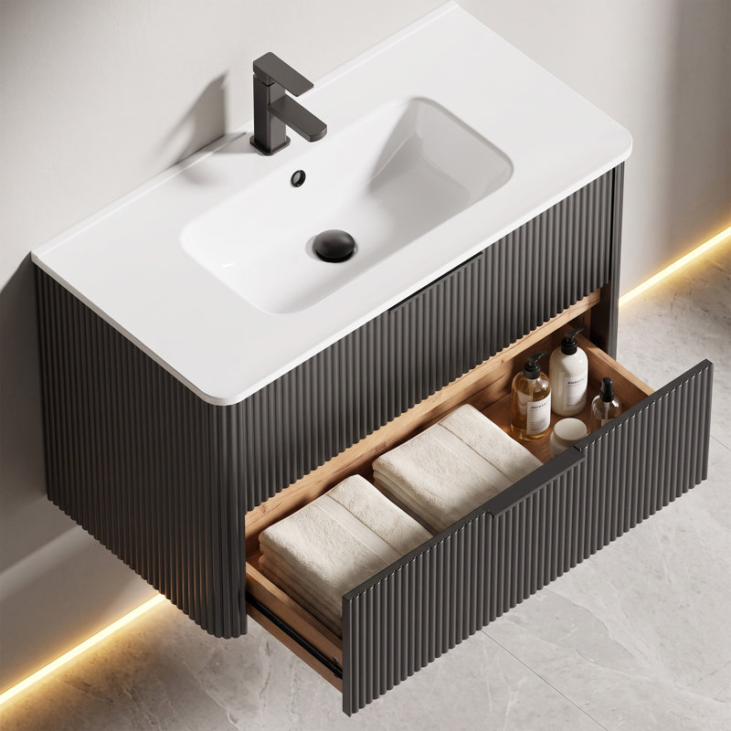 Meuble-lavabo simple de 91 cm (36 po) seulement, meuble suspendu avec garniture en bois cannelé et surface peinte résistante à l'eau