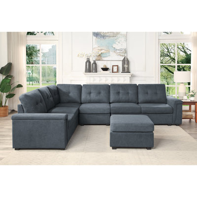 Isla 119" Grey Woven Fabric 7-Seater Sectional Sofa with Ottoman