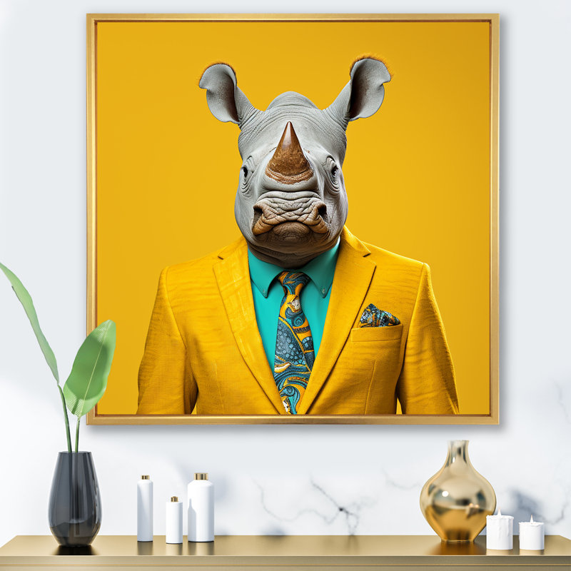 Art mural en forme de rhinocéros, Cadre flottant doré, H 36 po x l 36 po x P 1,5 po
