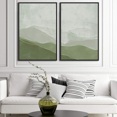 Color Blocks " Faded Green & Gray Wave Landscape Abstract Shapes Wall Pictures Modern Art Boho Multicolor Bedroom " 2 - Pieces