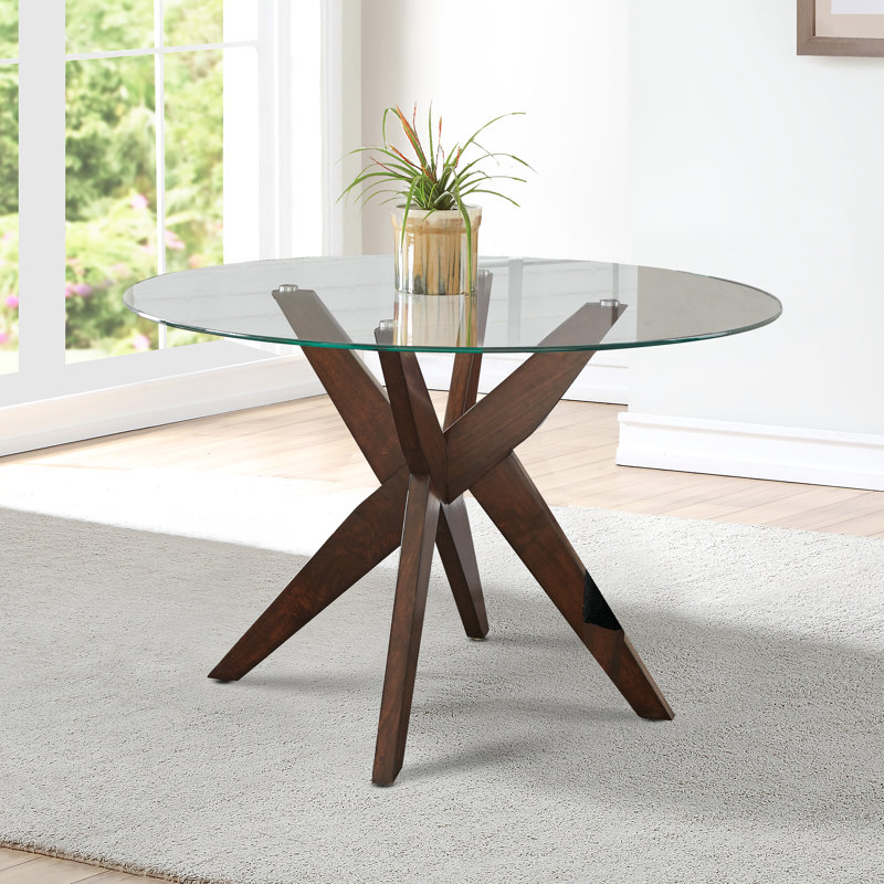Vosburg Round Glass Top Solid Wood Base Dining Table, Brown
