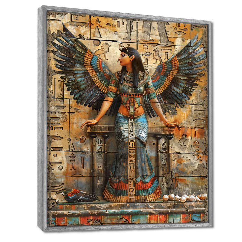 Décoration murale bleue et beige, déesse égyptienne III - Égypte, Toile argentée avec cadre flottant