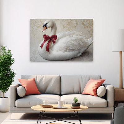Festive Swan - Contemporary Swan Red Ribbon Elegant Bird Art